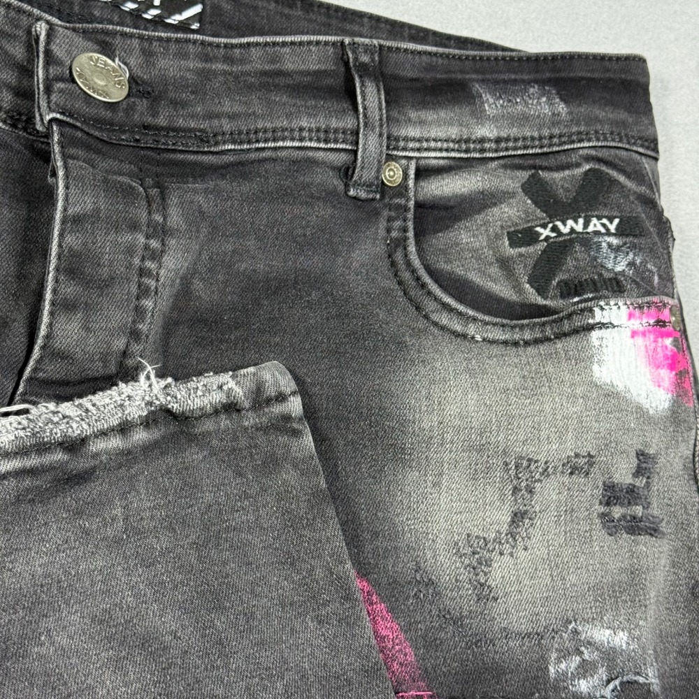 XWAY Mens Black Denim Jeans Pink Skull Cyber Grotesk Distressed Streetwear 36 - Picture 2 of 10